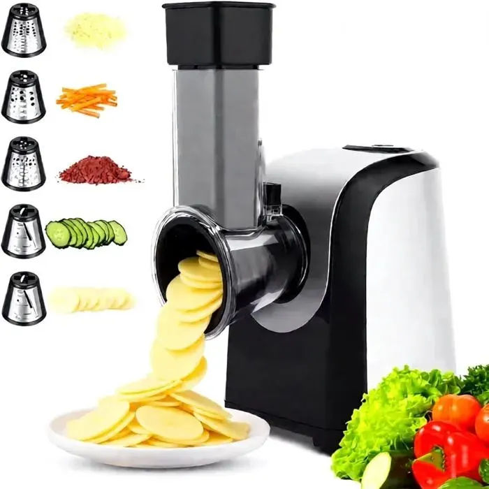 Râpe Électrique 150W-5-En-1 MultifonctionsCoupe-Légumes Avec 5 DisquesPour FruitsLégumesFromageCompatible Lave-Vaisselle