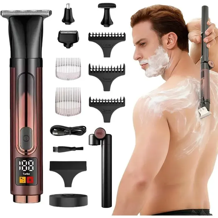 Rasoir Corps Homme 4-en-1Tondeuse Dos ÉtancheExtension RéglableUSBEntretien complet pour barbenez et zones intimesutilisation