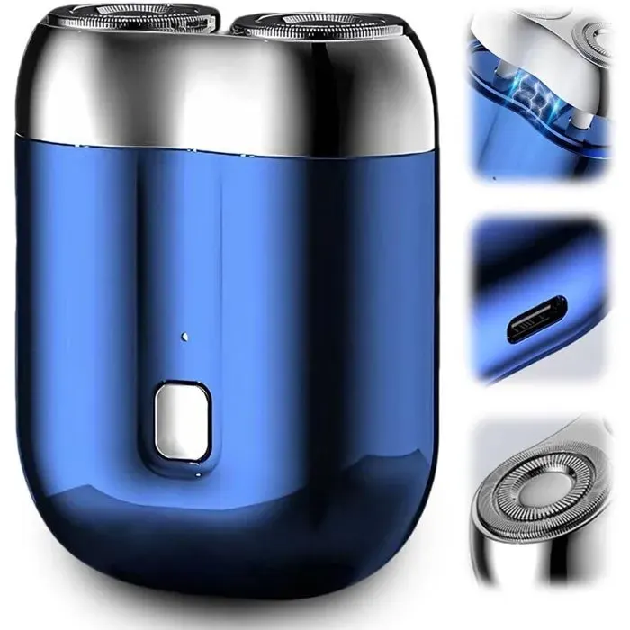 Rasoir de poche amélioré – Mini rasoir double tête – Rechargeable par USB – Étanche – Compact et portable – Bleu