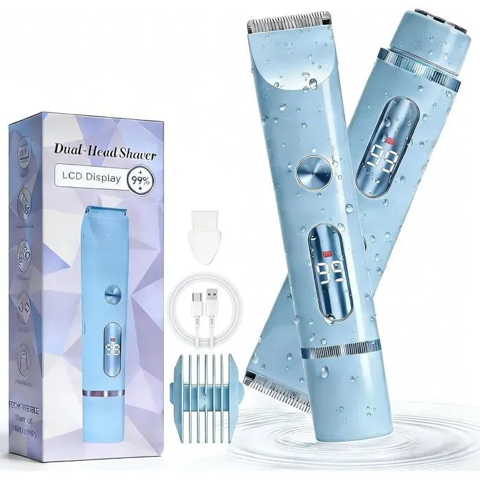 Rasoir électrique 2 en 1 pour femmes - Étanche IPX7 lames hypoallergéniques et écran LED - Couleur bleue