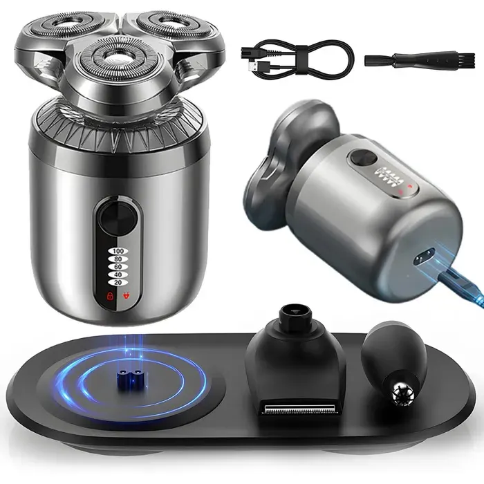 Rasoir électrique-3 en 1-tête flottante 3D-600mAh-50min-charge sans fil/USB-lavable-IPX7-argent