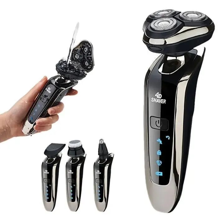 Rasoir Electrique 4 en 1 Homme Humide & Sèche Rasoir Rechargeable avec 3D Têtes Rotatives Ecran LCD Rasoir portable Noir