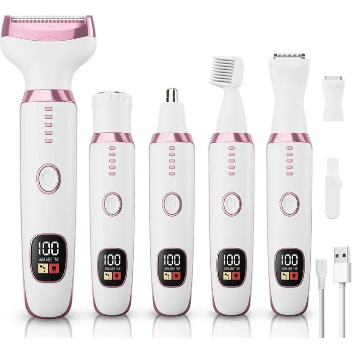 Rasoir électrique 5 en 1 pour femme sans fil avec tondeuses interchangeables pour le visage les sourcils et le nez