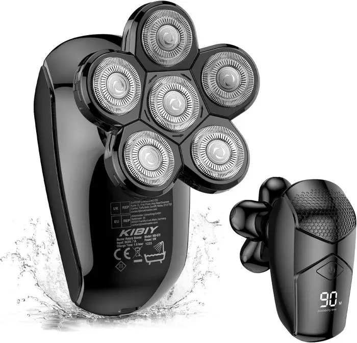 Rasoir électrique 5 en 1 pour homme - Rasoir tête chauve étanche IPX7 avec 6 têtes de rasage rotatives - Kit dentretien pour barbe