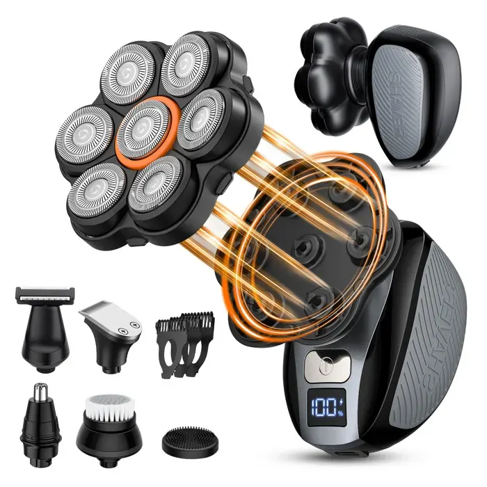 Rasoir Électrique 7D Homme - 6 en 1 - Têtes Rotatives - Tondeuse Crane Chauve - Étanche IPX7 - Écran LED