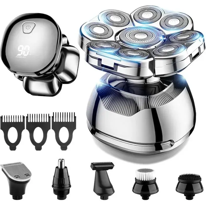 Rasoir électrique 9D 6-en-1 pour hommes chauves étanche tête rotative amovible affichage LED 60+ min
