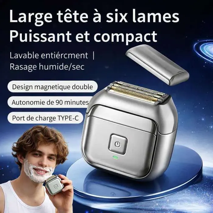 Rasoir électrique à 6 lames maglev lavable IPX7 sec humide couvercle magnétique charge Type-C compact voyage homme