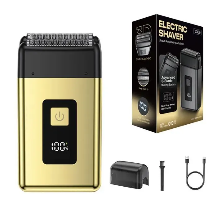 Rasoir électrique à double tête métallique rechargeable USB-C - affichage LED - Dor