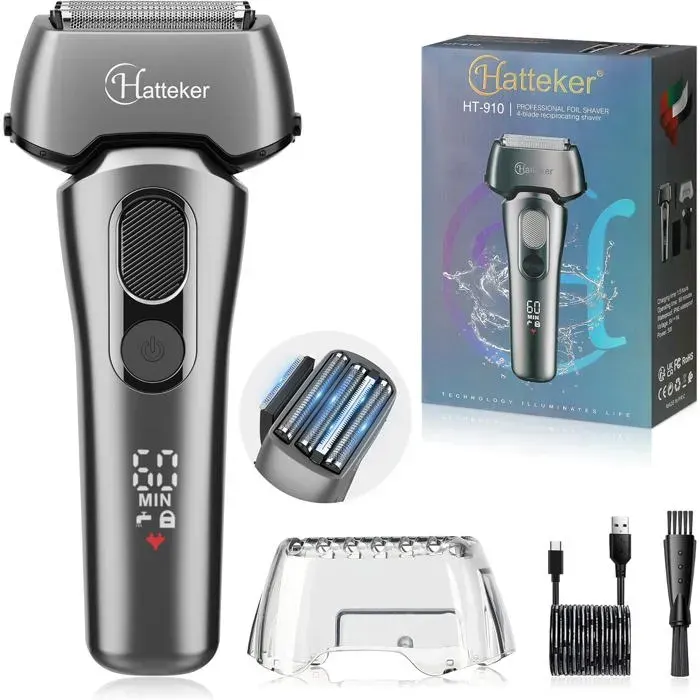Rasoir Électrique à Lames en Foil pour HommesRasoir Électrique à Usage Sec et Humide et Rasoir pour Tête avec Trimmer Amovible