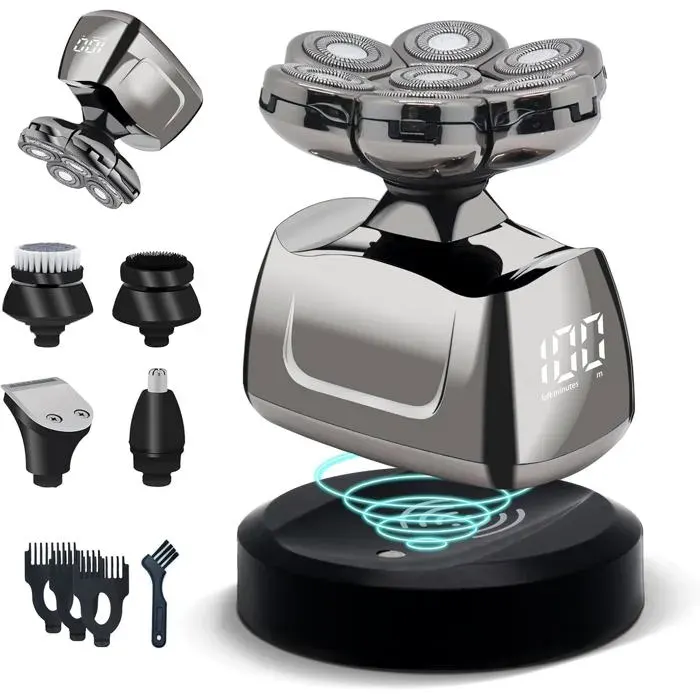 Rasoir Électrique Barbe Tête Chauve Tondeuse À Cheveux Homme 5 En 1 Kit Étanche Avec 7 Têtes Rotatives Rasoir Pour Tête Hum[YR52]