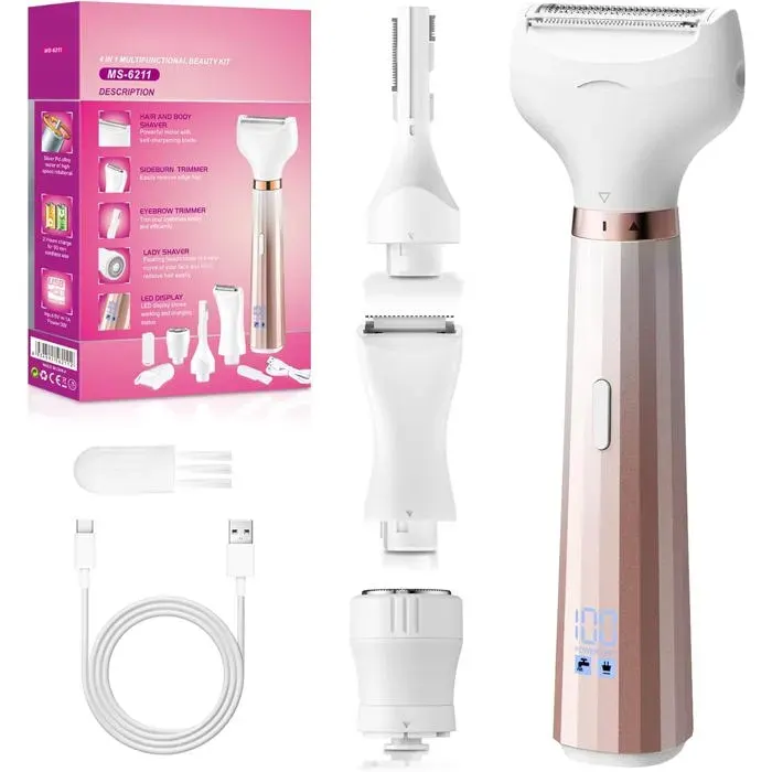 Rasoir Électrique Féminin 4 en 1 Indolore Étanche IPX6 Épilateur Visage Aisselles Mains
