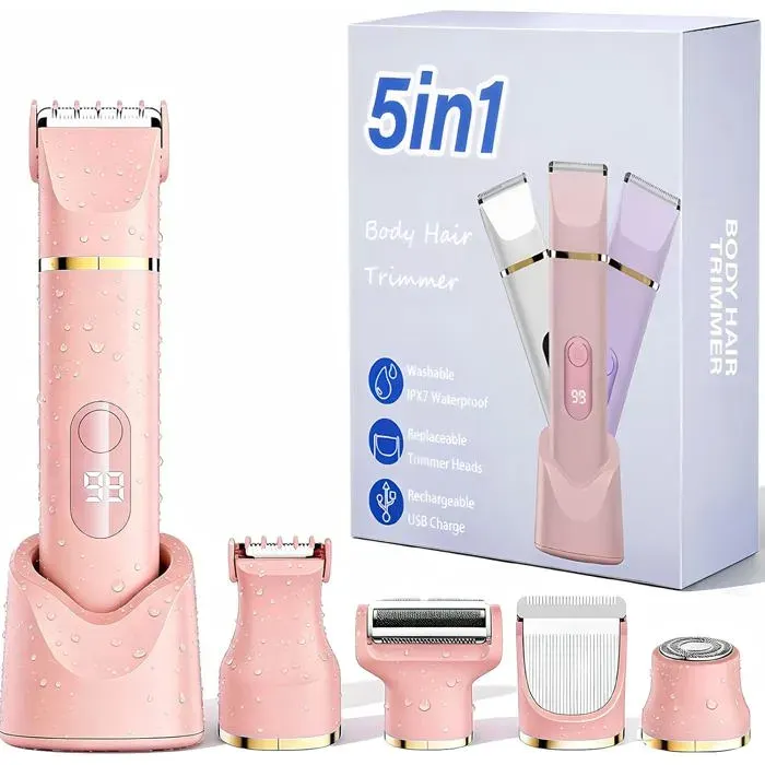 Rasoir électrique féminin 5 en 1 - Étanche IPX7 usage sec et humide pour visage jambes aisselles et zone pubienne - Rose