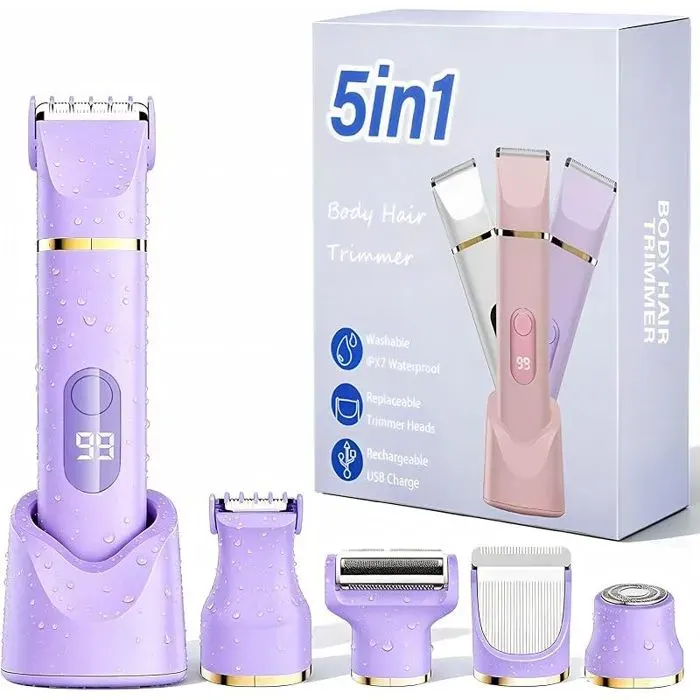 Rasoir Électrique Féminin Tondeuse 5-en-1 Violet IPX7 Étanche Peau Sèche ou Mouillée Visage Jambes Aisselles Zone Pubienne
