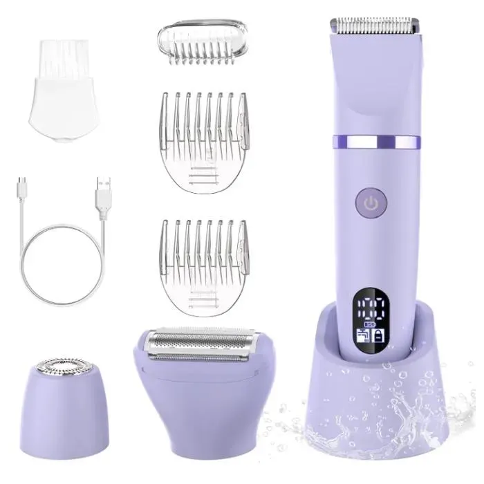 Rasoir Electrique Feminin Tondeuse précise pour visage et zones sensibles étancheSans fil Écran LCD Violet 3 in 1