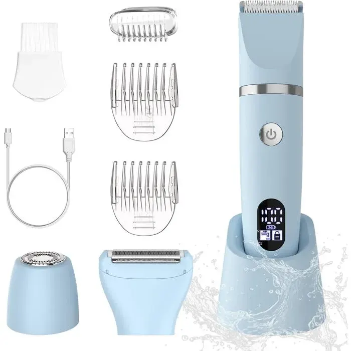Rasoir électrique femme 3 lames interchangeables - tondeuse corps étanche avec écran LCD et sabot ajustable hypoallergénique bleu