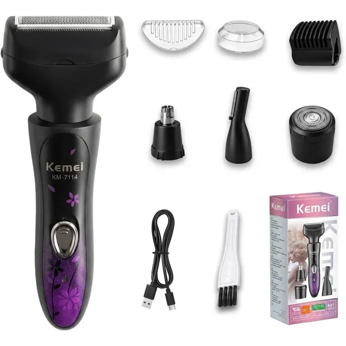 Rasoir Electrique Femme 4-en-1Tondeuse sans Fil 6500RPMIPX4 Anti-éclaboussures et LavableRasoir Corps VisageAissellesJambes