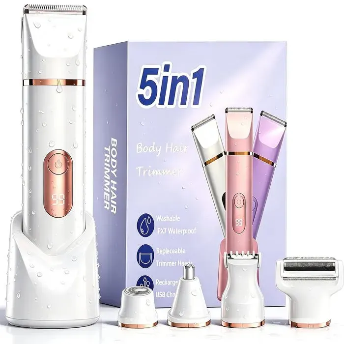 Rasoir électrique femme Blanc 5en1 tondeuse maillot IPX7 sec/humide visage aisselles jambes bras Rasoir femme Cuneary