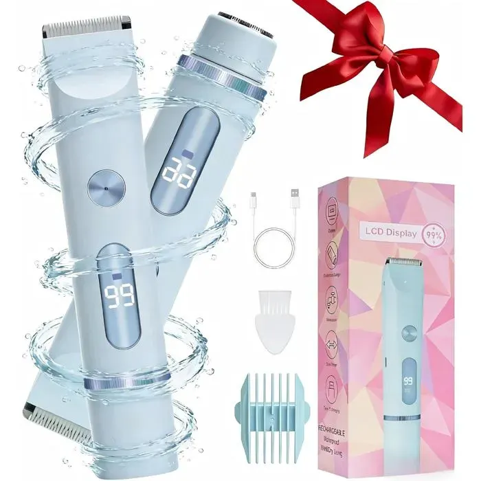 Rasoir électrique femme - Double tête pour précision et surface Étanche IPX7 et sec humide - Corps entier et zones sensibles - Bleu