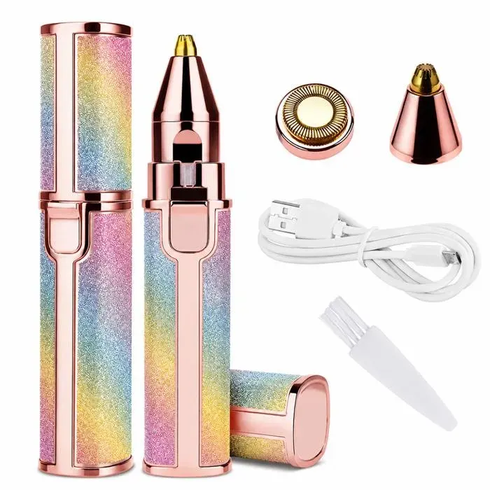 Rasoir électrique femme USB 2 en 1 tondeuse sourcils et corps design rouge à lèvres rose tête lavable
