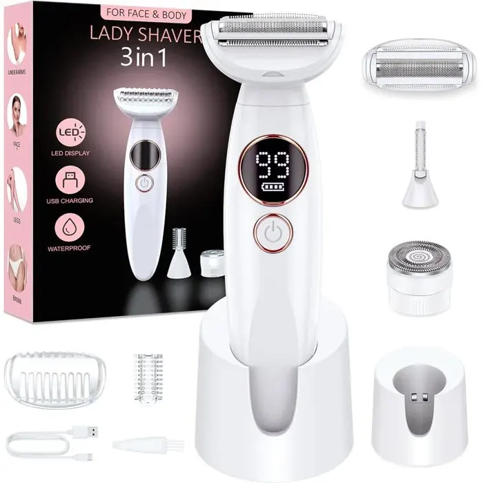 Rasoir Électrique Femme - ZIG-ZAG TERRITOIRES - 3-en-1 - IPX7 - Tête Lavable - Utilisation Sèche et Sous Douche