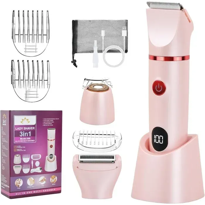 Rasoir Électrique Femmes 3 en 1 Étanche IPX7 Affichage LED avec Lames Douces pour Corps Épilation Indolore pour Corps rose