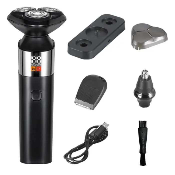 Rasoir électrique homme 3 en 1 étanche tête rotative 3 lames affichage LED rechargeable USB barbe nez pattestout type de peau