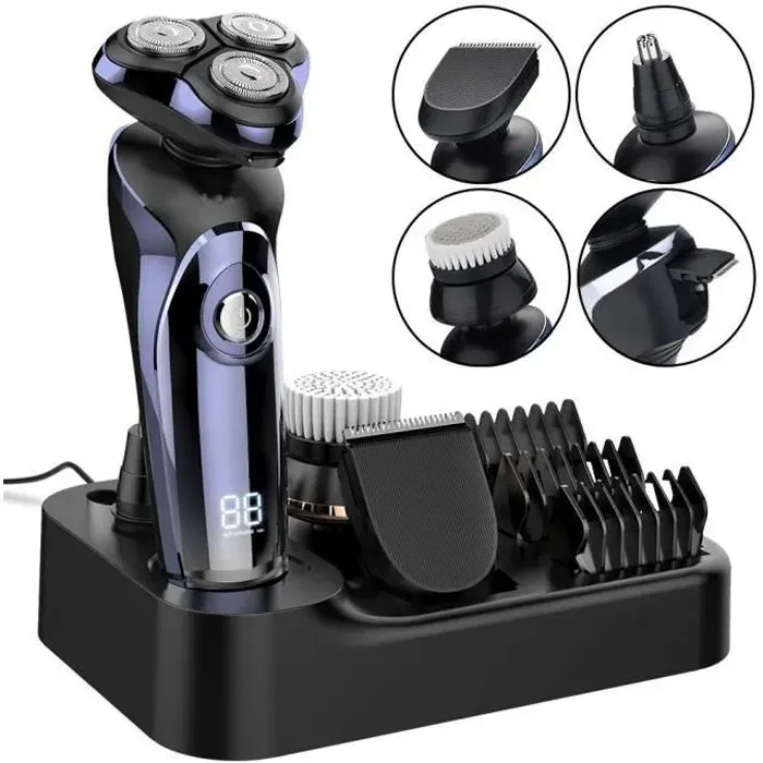 Rasoir Électrique Homme 4D Flottante Rasoirs à Têtes Rotatives Sans Fil IPX7 Étanche Ecran LCD Charge USB Technologie Wet&Dry avec