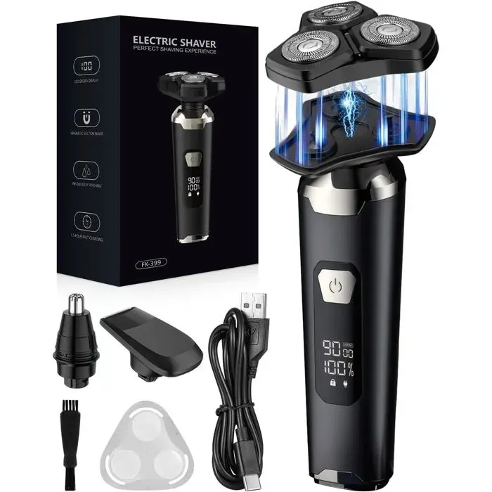 Rasoir Électrique Homme 4D Magnétique À 3 Têtes FlottanteTondeuse Barbe Étanche Ipx6 Humide/Sec Avec Écran Lcd 90 Min DAutonomi