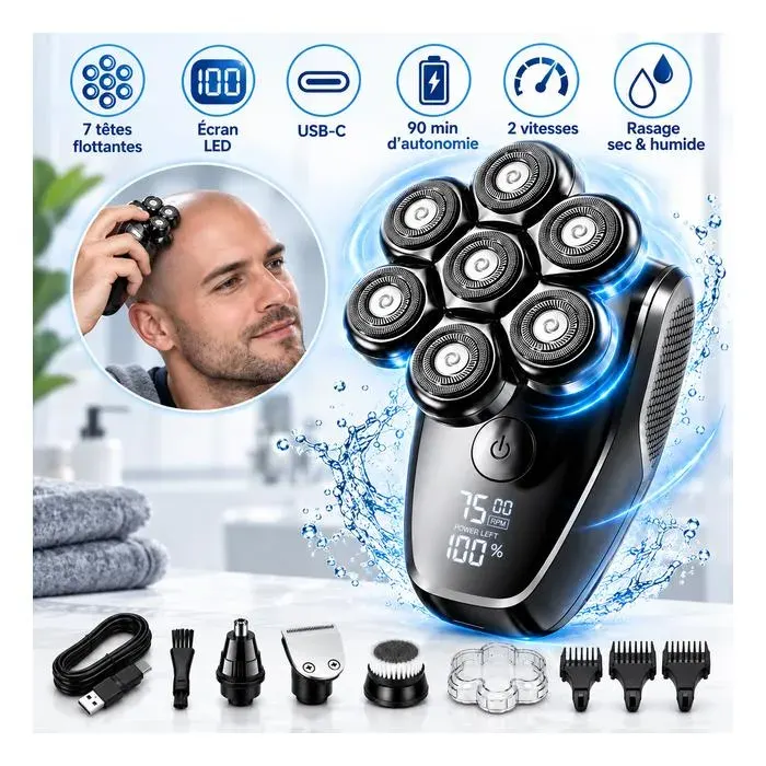 Rasoir Électrique Homme 5 en 1 7 Têtes Flottantes Rasoir Crane Écran LED Type-C IPX7 Rasage Sec Humide Tondeuse nez Barbe