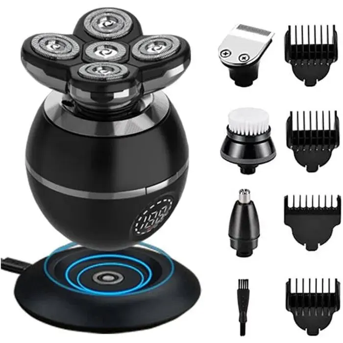 Rasoir Électrique Homme 5 en 1 Rasoir Têtes Rotatives 5D Étanche IPX7 Tondeuse Barbe Rechargeable LED Visage Corps