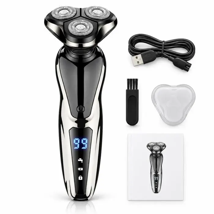 Rasoir électrique homme AProsp 3-en-1 écran LCD rechargeable lavable tondeuse barbe et nez kit noir argent