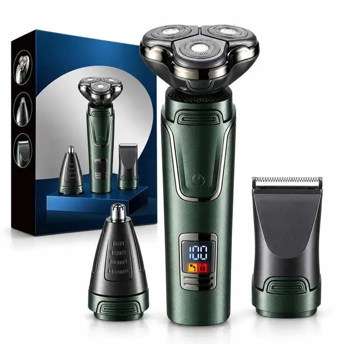 Rasoir électrique homme AProsp 3-en-1 écran LCD USB rechargeable lavable tondeuse barbe nez cheveux vert foncé