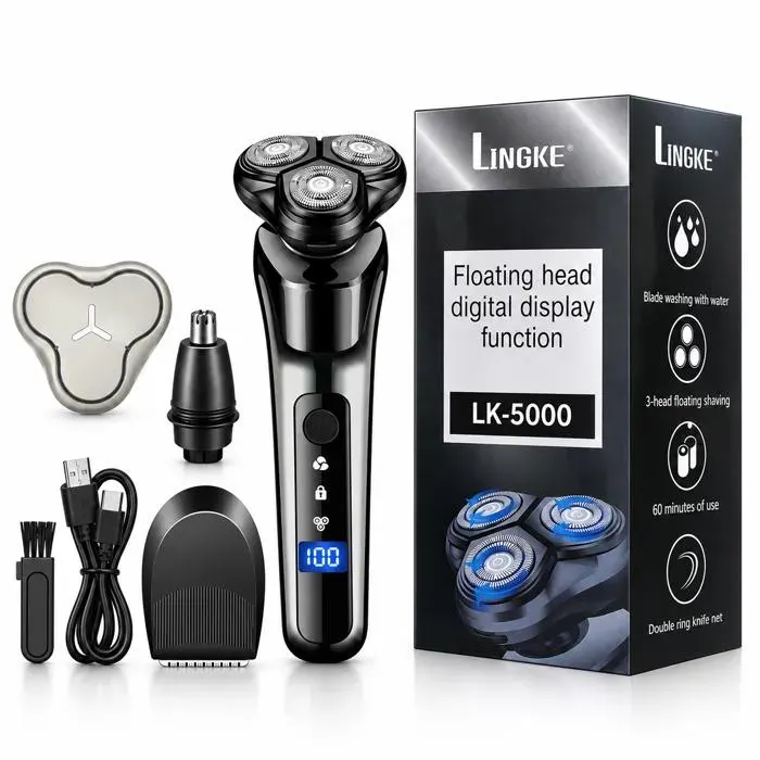 Rasoir électrique homme AProsp 3 têtes USB rechargeable lavable kit barbe avec tondeuse nez et contours noir
