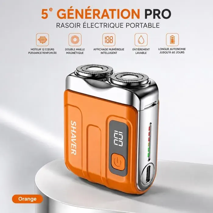 Rasoir Électrique Homme AProsp Mini Pro 5e Génération Double Tête Moteur 12 Cœurs LED Lavable USB Orange