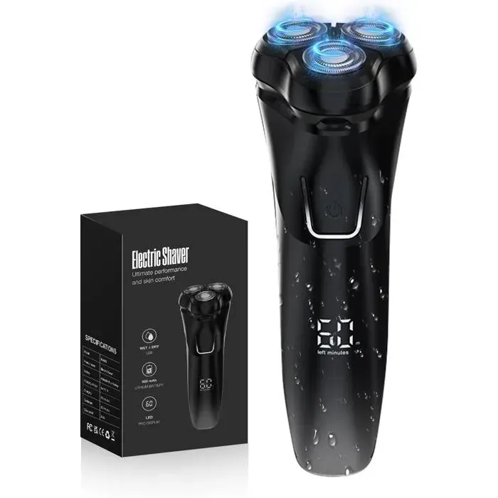 Rasoir Électrique Homme IPX7 Tête Flottante 4D Écran LCD 120 min Rechargeable Sec et Humide Noir
