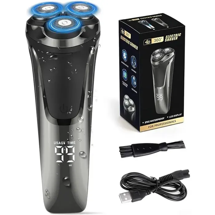 Rasoir Électrique Homme Rechargeable 4D Avec Écran Led Ipx7 Rasoir Homme Étanche Humide & Sec Rasoir Rotatif Sans Fil Tondeuse