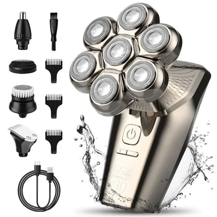 Rasoir Électrique Homme Sans Fil 5 En 1 SEJOY - Têtes Chauve Tondeuse à Barbe Cheveux Nez et Oreilles - Marron-keeper