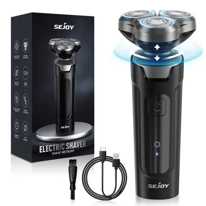 Rasoir Électrique Homme SEJOY 3D Flottante Rechargeable IPX7 Étanche Écran LCD Technologie Humide et Sec - Noir