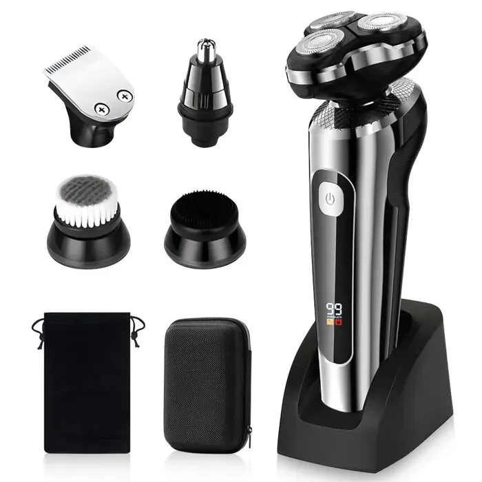 Rasoir Électrique Hommes 5 en 1 Tondeuse à Barbe Sans Fil Electric Shaver avec Écran LED Tondeuse Cheveux avec Base