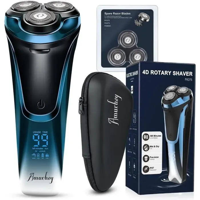 Rasoir électrique hommes humide ou sec 3 Têtes de rechange/Etui de voyageTêtes 4D Pivot&Flex3 Lames de Flexibles99-120 min