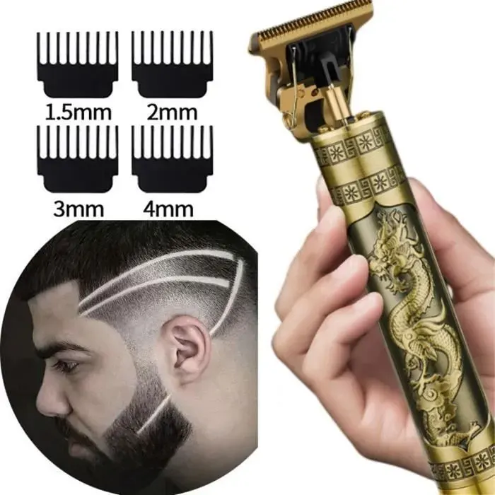Rasoir électrique Hommes Tondeuse à Barbe Cheveux Professionnel Finition Sans fil Dragon Doré Rétro T-Blade Salon RASOIR Label