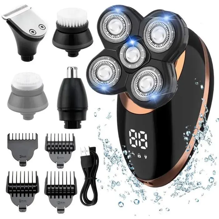 Rasoir Électrique HommeTondeuse Cheveux Rasoir Electrique sans Fil 5 en 1 Kit 100% étanche5 Têtes de Rasoir-Tondeuse à Cheve 8