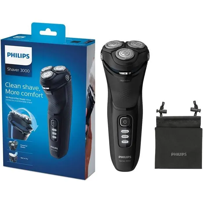 Rasoir électrique Philips Series 3000 S3233/52 - 100% étanche - Trousse de voyage incluse