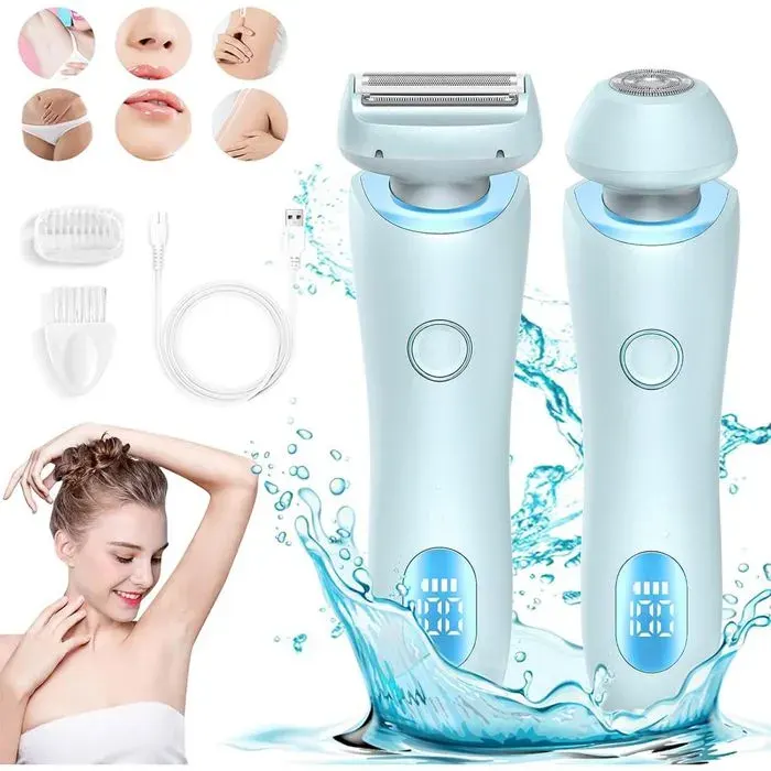 Rasoir électrique pour femme 2 en 1 humide et sec avec deux têtes de coupe écran LED bleu Étiquette