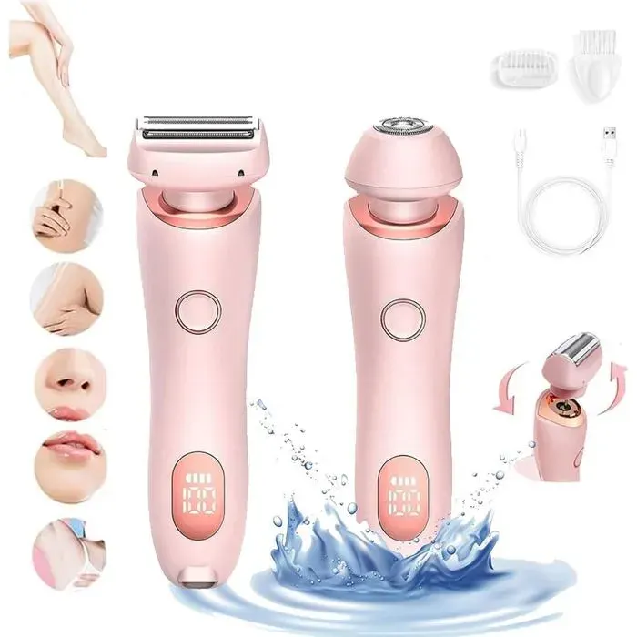 Rasoir électrique pour femme 2 en 1 humide et sec avec deux têtes de coupe écran LED rose Étiquette