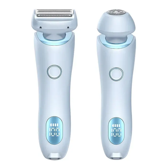 Rasoir électrique pour femme Épilation indolore 2-en-1 utilisation à sec ou sous leau avec deux têtes amovibles Bleu