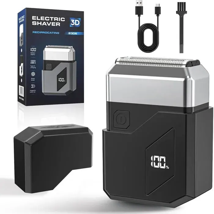 Rasoir Électrique Pour Homme Avec Affichage Led Ipx7 3 Lames Flexibles Usb-C Tondeuse Barbe Étanche Rasoir Électrique De Voyag