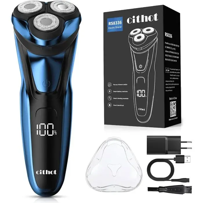 Rasoir Électrique pour Homme Rasoir à Têtes Rotatives avec Tondeuse Barbe de Précision IPX7 Rasoir à Sec et Humide avec Verrouillage