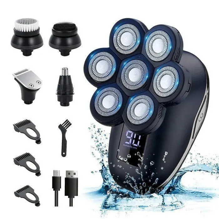 Rasoir électrique pour homme – Rasoir sans fil 5-en-1 pour crâne rasé avec écran LED – Étanche – Utilisation à sec ou sous leau — coloris Noir