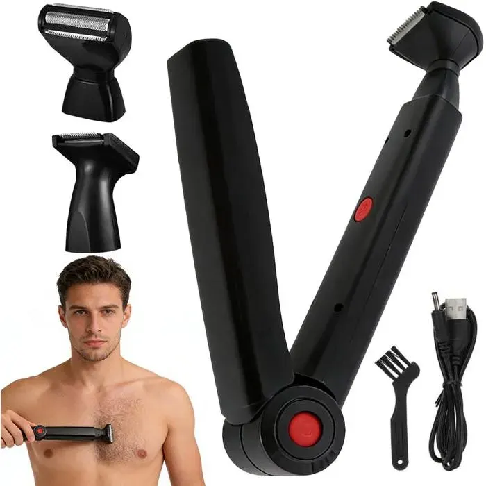 Rasoir Électrique pour Le Dos HommeUSB Tondeuse Corps Homme avec 2 Têtes de Rasage Amovibles et Poignée Ergonomique